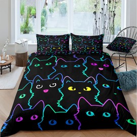 MVRFN Cute Kitten Bed Linen 140 x 200 cm + Pillowcase with Zip 70 x 90 cm Black Cat Breathable Soft Microfibre Children's Bed Linen Austrian Duvet Cover
