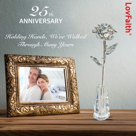 LovFaith Valentine Gift Real Rose Dipped 24K Gold with Crystal Stand, Best Anniversary Rose Gift for Her Wife Mother Birthday Christmas (B2. Sterling Silver -Blooming)