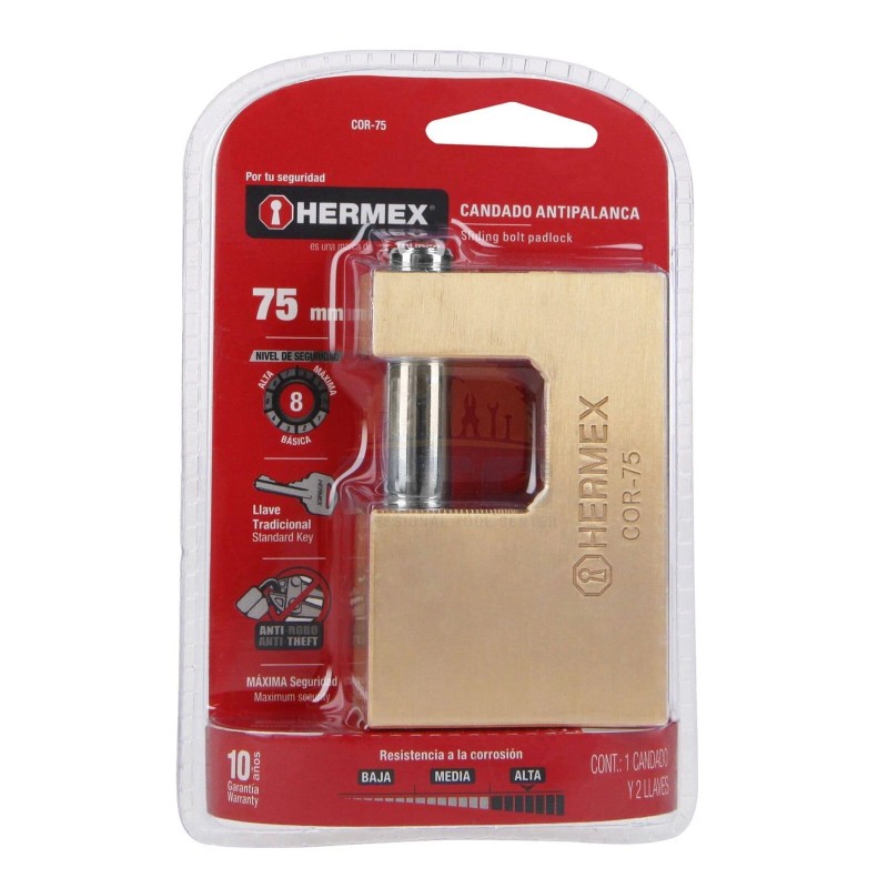 Hermex COR-75 Anti-Pry Padlock, 75mm, Traditional Keyed Brass Body