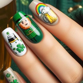 LBPEPAMZ 24Pcs St. Patrick's Day Press on Nails Medium Coffin Fake Nails with Rainbow Beer Ballet Design Green Shamrock Hat Acrylic Nails False Nails White Full Cover Glossy Stick on Nails for Women