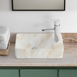 JONATHAN Y SNK1004D-R Felix 15 in. W x 8 in. D Modern Wall Mounted Rectangular Ceramic Mini Sink Basin, Right-Side Faucet, Beige Marble Effect