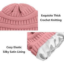 Womens Winter Warm Knitted Hat Satin Silk Lined Knit Chunky Cap (AU, Alpha, One Size, Pink)