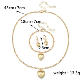Golden Love Heart Pendant Choker Necklace Fashion Heart Bracelet with Huggie Heart Earrings 4pcs Heart Pendant Jewelry Set