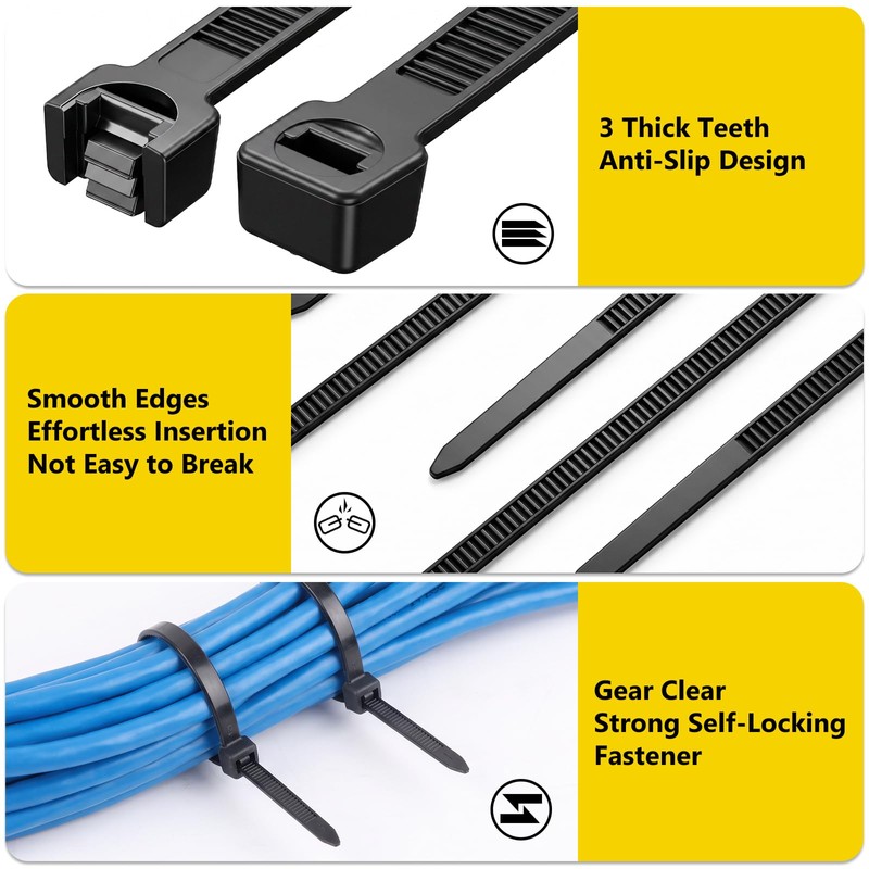 600 Pack Zip Ties Assorted Sizes(4''+6''+8''+8''+10''+12'')Black Cable Ties