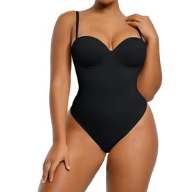 SHAPELLX Shapewear Bodysuit Tummy Control Body Shaper Removable Straps Low Back Shapewear with Built-in Bra for Women (Black,X-Large)