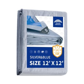 RAINDEWAY Tarps 12x12 Feet - 5.5 Mil, Multipurpose Waterproof Poly Tarp Cover with Metal Grommets and Reinforced Edges, Silver/Blue Tarp | RAINDEWAY