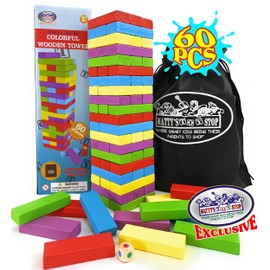 Matty's Mix-Up 60pc Large Colorful Wooden Tumble Tower Deluxe Stacking Game with Storage Bag