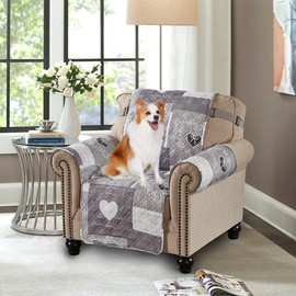 Brilliant Sunshine Heart Love Chair Slip Cover, Patchwork Design, Quilted Slipcover with 2" Strap, 23" Seat, Slip Resistant Cushion Protector, Washable Armchair Covers for Dogs, Cats, Pets, Kids, Grey