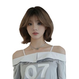 Wig, Bob, Medium, Divided into Centers, Caramel, Brown, No Bangs, Cute Style, Casual, Breathable, Inner Winding, Short, Korean Style, Harajuku Style, Hidden Gray Hair, Natural Curl, Wig, Full Wig