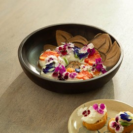 Ellementry Tashi Small Bowl - Dark Brown Mango Wood with Magnolia Flower Design. Classy Tableware for Serving, Snacks, Desserts, Dips, and Decor