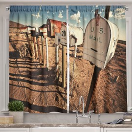 Ambesonne - Cortinas de cocina de Estados Unidos, buzones antiguos en el oeste de América, paisaje rural oxidado grunge del campo, cortinas de ventana juego de 2 paneles para decoración de cocina y