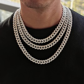 ICEDATA Cuban Link Chain Hip Hop Link 13MM Width AAA+ Rhinestone Zinc Alloy Cuban Chain for Men (Silver, 16.0)