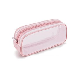 Grid Mesh Pen Pencil Case with Zipper, 2 Compartment Clear Pencil Case Pouch, Multi-Purpose Transparent Stationery Bag for Office, Clear Makeup Cosmetics Bag for Adults (Pink, One Size)