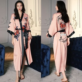 Vivi Idee Women's Light Sexy Dressing Gown Kimono Long Satin Sauna Bathrobe Sleeping Gown One Size, Pink Rose Bird