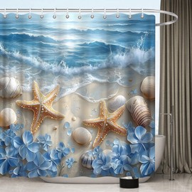 EUBTPA Starfish Shower Curtain Seacoast Sand Seashells Blue Flower Tropics Aquatic Wildlife Ocean Beach Theme Bath Decor Polyester Fabric Curtains 70X70 Inch