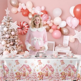 MEHOFOND 194 Pcs Pink Winter Gingerbread Baby Shower Party Decorations, A Sweet Baby Girl Baby Shower Paper Plates Napkin Cups Set Decor, Christmas Cookie Snowflake Disposable Tableware Set, Serve 24