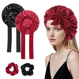 Pack of 2 Silk Caps, Sleep Cap, Silk, Adjustable Satin Hair Cap, Silk Bonnet Sleep Cap, Women Girls Breathable Sleeping Cap, Shower Caps, with 2 Satin Hair Bobbles, for Various Hair Types