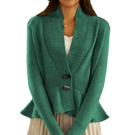 chouyatou Women's Fall Ribbed V-Neck Vintage Cardigan Sweater Toggle Button Down Peplum Tops Jacket (Medium, Green)