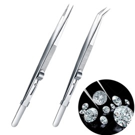 2 Pack Professional Diamond Tweezers Jewelry Gem Stone Tweezers Precision Tweezers Stainless Steel Slide Locking Non-slip Pointed Tip Tweezers with Slot for Jewelry Makeing Craft
