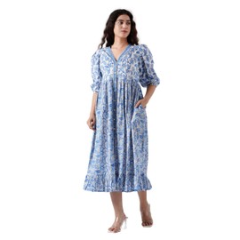 FABRICRAFT INDIA Yonder Blue Indigo Bloom V-Neck Cotton Boho Midi Dress with Pockets Handmade Summer Beach Dress