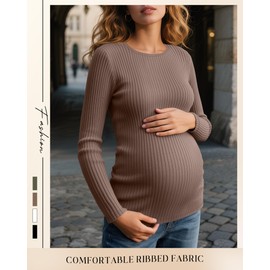 Sweetyweee 4 Pack Womens Maternity Shirts Cotton Ribbed Knit Long Sleeve Pregnancy Tops Casual Crewneck Basic Tunic Shirts(Apricot, Khaki, Coffee, Black,Small)