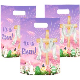 Onmlkkd 50 Pack He is Risen Bags for Kids Large 12''x10'' Religious Easter Bags Christian Easter Gift Bags for Goodies for Eggs Bulk Treat Bags