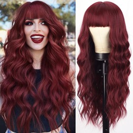 Long Wavy Wigs for Women Curly Synthetic Burgundy Brown Wig with Bangs Body Wave Heat Resistant Fiber Fake Hair for Cosplay Lolita Daily Use:_Black