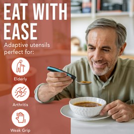 BUNMO Adaptive Utensils for Elderly, Arthritis, Weak Hand Grip, Tremors & Handicapped - Convenient Travel Pouch - 3.35oz Lightweight - Stainless Steel - Eat Independently - Adaptive Blue 4 Piece Set