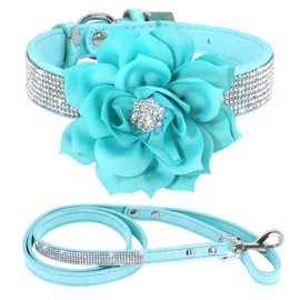 PET ARTIST Rhinestone Dog Collar and Leash Set, Sparkling Boy Dog Collars with Bling Diamonds, Soft Leather Blue Dog Collar for Male Dogs, Cute Flower Dog Collar for Small Puppy Dogs,S