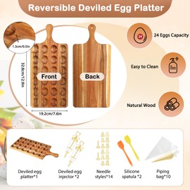 Reversible Wood Deviled Egg Platter Charcuterie Board, 24 Slots Deviled Egg Tray with Injector Piping Tool Silicone Spatula Piping Bag for Easter Party Essentials (12.9''x7.6''x0.5''. 24 Slots)