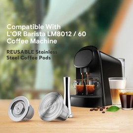 4 in 1 Reusable Stainless Steel Coffee Capsules Compatible with L'OR Barista LM8012/60 - Refillable Metal Espresso Pods for L'or and Nespresso Machines,Coffee Press and 304 Spoon Gifted
