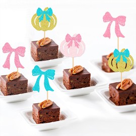 24 PCS Pumpkin Bow Cupcake Toppers for Boy or Girl Gender Reveal Baby Shower Birthday - Pink or Blue Decorations Picks Supplies
