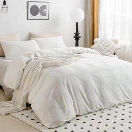 JELLYMONI White Duvet Cover Full Size - 100% Washed Cotton Linen Feel Textured Comforter Cover, 3 Pieces Breathable Soft Bedding Set with Zipper Closure (Off White, Full 80"x90")