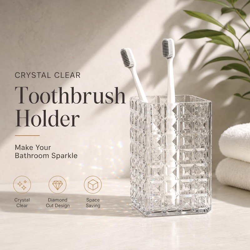 2 Pack Acrylic Toothbrush Holder, Clear Diamond Faceted Cup for