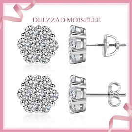 Delzzad S925 Flower Stud Earrings VVS Synthetic Moissanite Screw Back/Butterfly Back Earrings Daily Costume Jewelry Accessories Perfect Birthday Anniversary Gift for Women:_Butterfly Back-White_9.9mm(1.96ct)