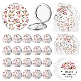 Hushee 20 Sets Bridal Shower Tea Party Favors for Guests Floral Compact Mirror Bulk PU Folding Pocket Mirror with Beautiful Tag Bag Thank You Gifts for Bridal Shower Wedding Bridesmaid