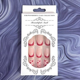 Valentines Day Press on Nails Short Square Fake Nails Red French Tip Acrylic False Nails with Designs Cute Red Hearts Dots Short Glue on Nails for Women and Girls Valentine's Day Manicure Nail Art