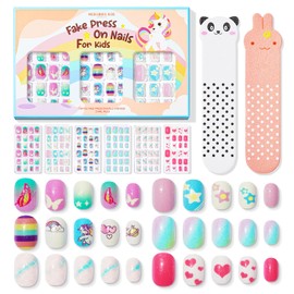 Modelones 144 Pcs Gel Nail Tips for Kids 6 Sets Cute Bling Color Unicorn Butterfly Short Girl Hand Decoration Fake Nail Set DIY