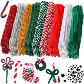 Jenaai 700 Pcs Christmas Pipe Cleaners Craft Set DIY Glitter Chenille Stem Bulk Set Including 600 Pcs Pipe Cleaner and 100 Pcs 95 Adhesive Wiggle Eye for Art Supplies Christmas Craft Decoration