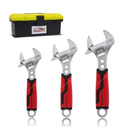 HOUSERAN 3-piece Adjustable Wrench Set, 6, 8, 10 Inch, Wide Jaw Adjustable Wrench Set with Metric & SAE Scales, Cr-V Steel Wrenchs with Tool Box