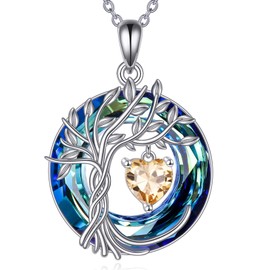 Tree of Life Necklace for Women 925 Sterling Silver Birthstone Pendant Chains with Crystal Anniversary Birthday Christmas Wedding Jewellery for Wife Sister, Sterling Silver, Cubic Zirconia