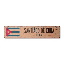 Santiago DE Cuba Cuba Vintage Plastic Street Sign Cuban Flag City Country Road Wall Gift | Indoor/Outdoor | 18" Wide