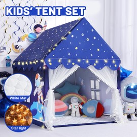 Wilwolfer Space Kids Tent Indoor: with Mat, Star Lights - Kids Play Tent Space Toys for Toddlers - Bedroom Decorations Astronaut Toys Rocket Ship (Blue)