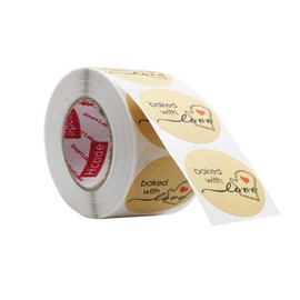 Hcode 500 Natural Kraft Paper Round Baked with Love Stickers with Red Heart in Baking Gloves 1.5 Inch Adhesive Label (1 roll, Kraft Baked with Love)