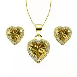 Paris Jewelry 18k Yellow Gold Heart 1/2 Ct Created Citrine CZ Full Set Necklace 18 inch Plated