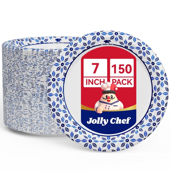JOLLY CHEF 7 inch Disposable Paper Plates 150 Count, Soak