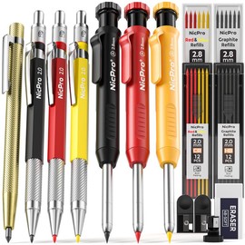 Nicpro 5 Pack Carpenter Pencils Mechanical, Construction Pencils with 21 Refill, Automatic Center Punch and Carbide Scribe Tool, Mechanical Pencil for Woodworking, Best Carpenters Marking Tool - Size: Set 3