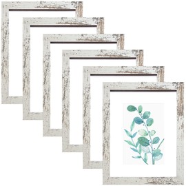 8x10 Picture Frame Distressed White Set of 6, Display Pictures 5x7 With mat or 8x10 Without Mat