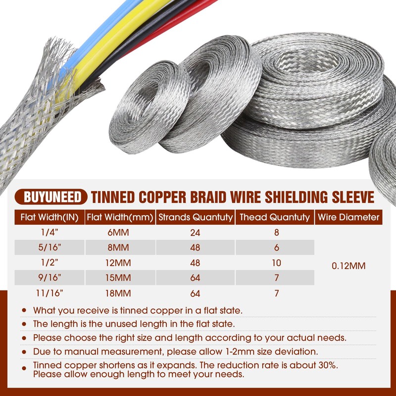 Wire Shielding Tinned Copper Braid Cable Sleeve Ground Straps EMI