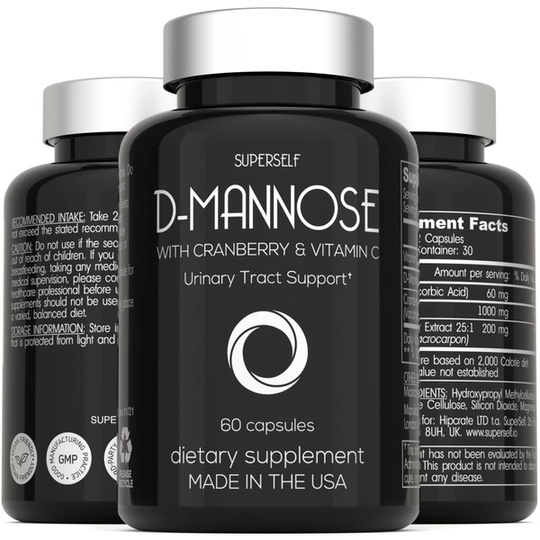D-Mannose 1000mg Capsules - D Mannose with Cranberry Extract and Vitamin C - 60 Capsules 500mg High Strength - Urinary Tract Health for Women & Men - Vegan & Non-GMO - Fast-Acting Natural UTI Support